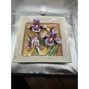 Beautiful Porcelain Purple Iris 3D Decor Plate Delicate 8" x 8" Hand Painted
